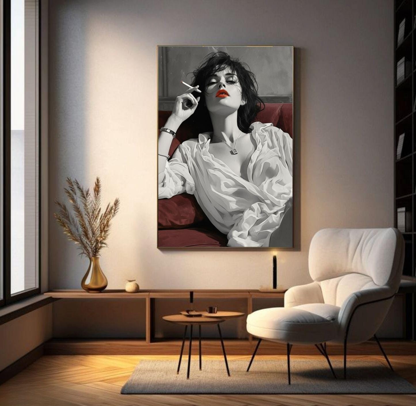 Glamorous Smoking Woman Wall Art Print – Black and White Sexy Female Portrait with Red Lips