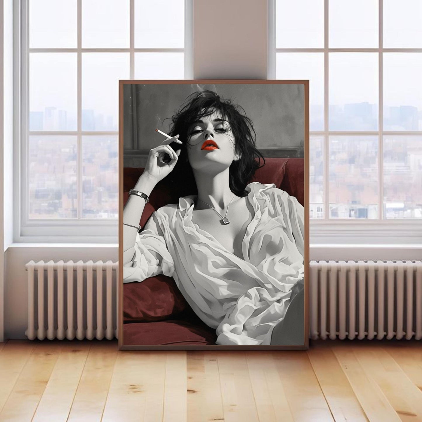 Glamorous Smoking Woman Wall Art Print – Black and White Sexy Female Portrait with Red Lips