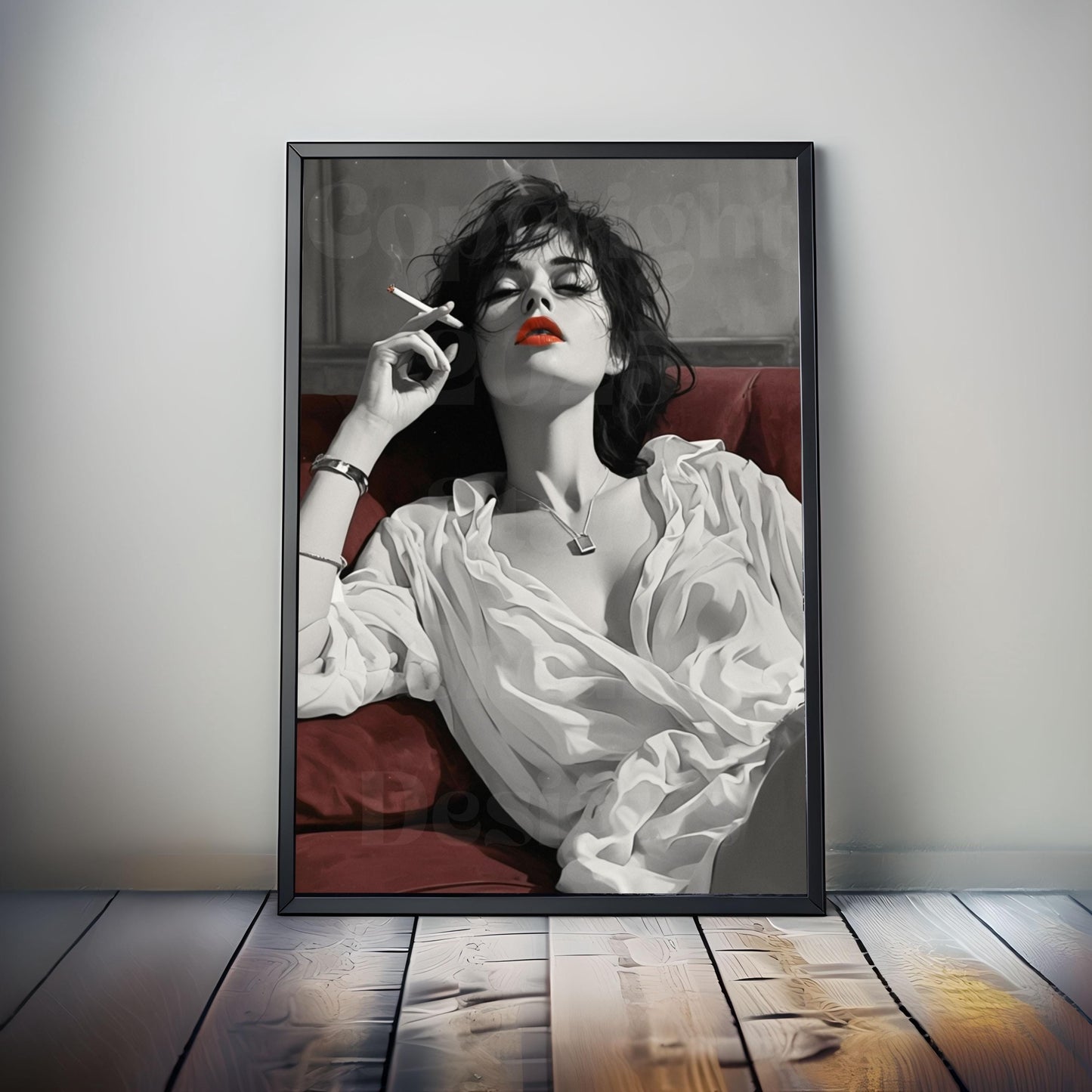 Glamorous Smoking Woman Wall Art Print – Black and White Sexy Female Portrait with Red Lips