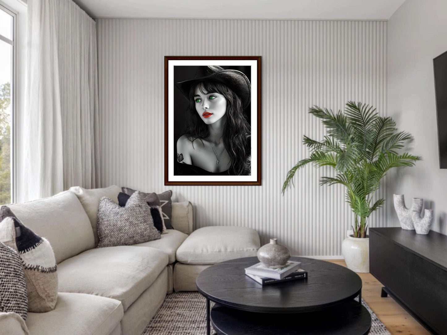 Striking Cowgirl Wall Art Print, Tattooed Beauty Red Lips Green Eyes