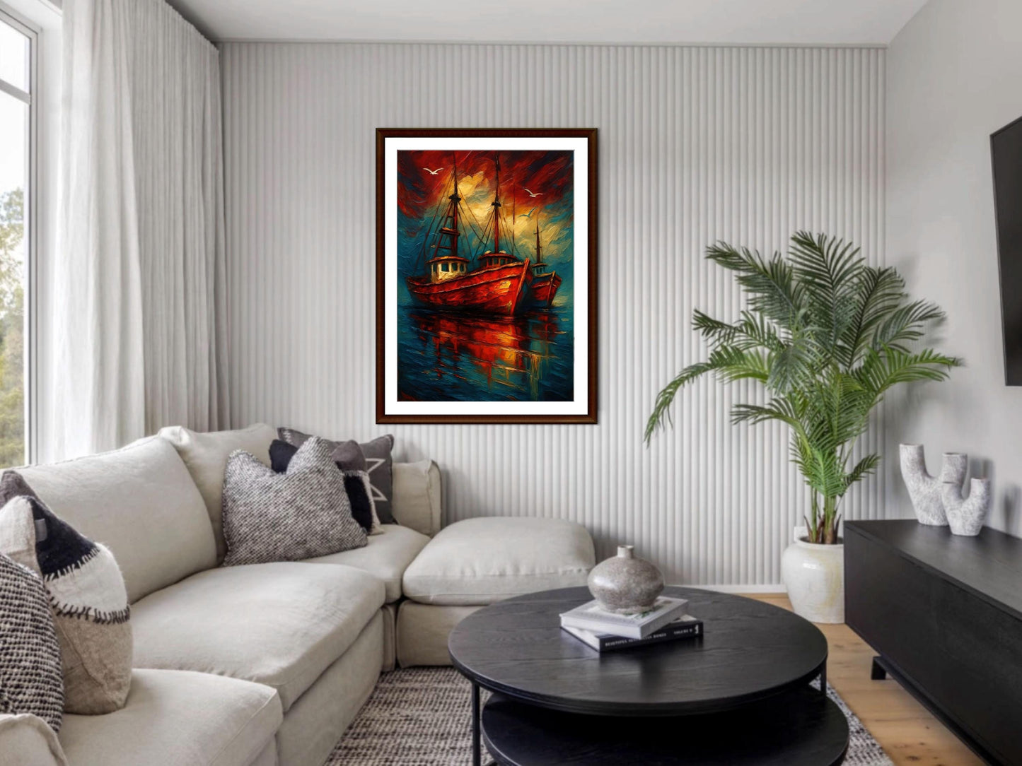 Bold Fishing Boat Wall Art, Striking Nautical Poster, Abstract Coastal Decor