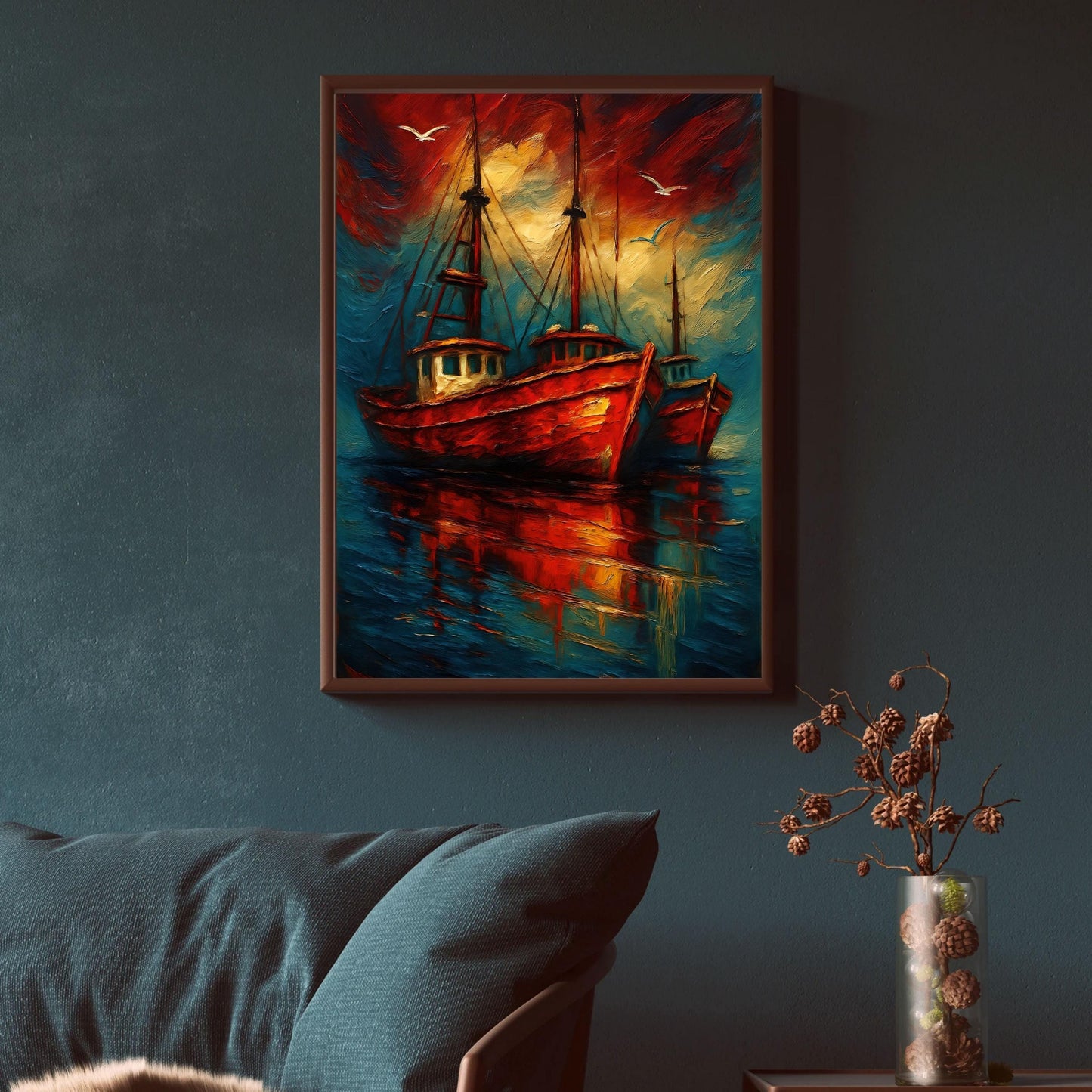 Bold Fishing Boat Wall Art, Striking Nautical Poster, Abstract Coastal Decor