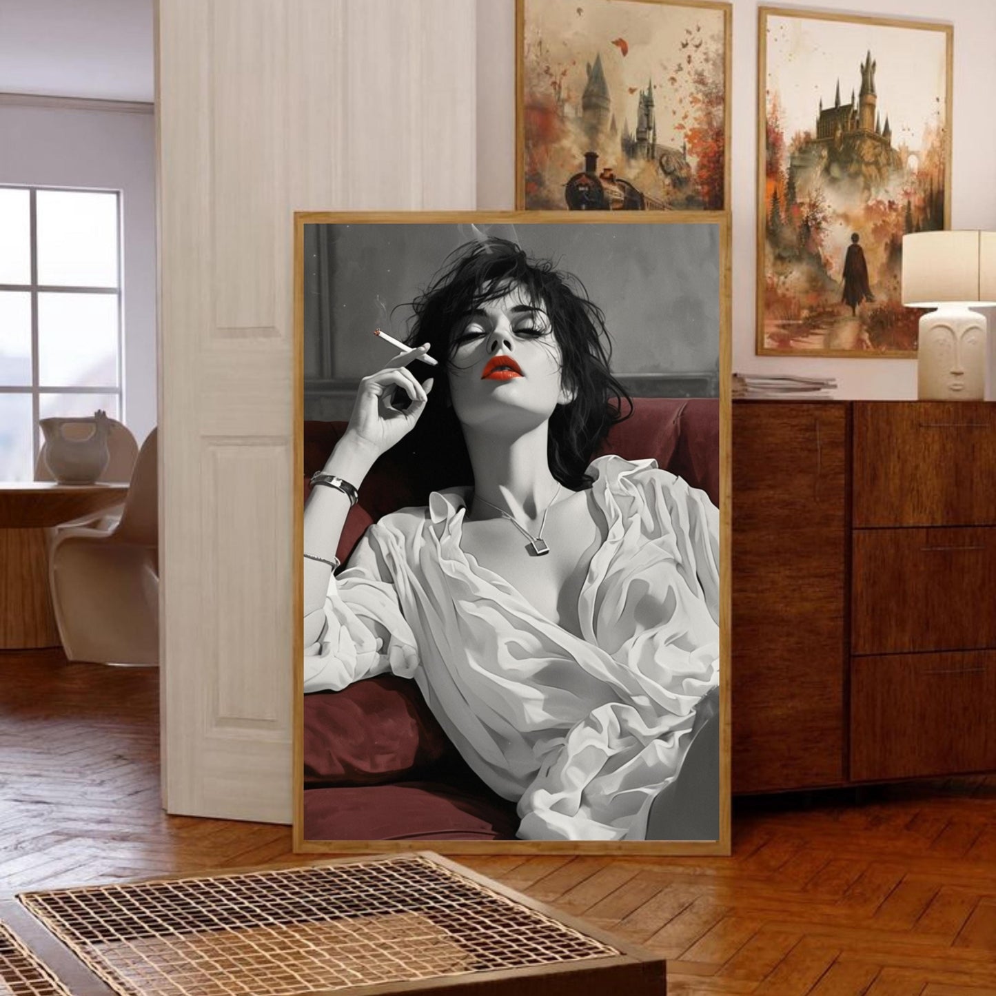 Glamorous Smoking Woman Wall Art Print – Black and White Sexy Female Portrait with Red Lips