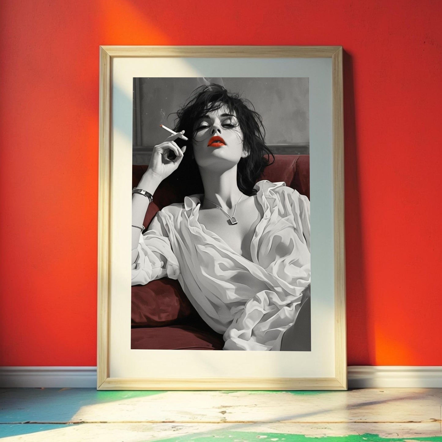 Glamorous Smoking Woman Wall Art Print – Black and White Sexy Female Portrait with Red Lips