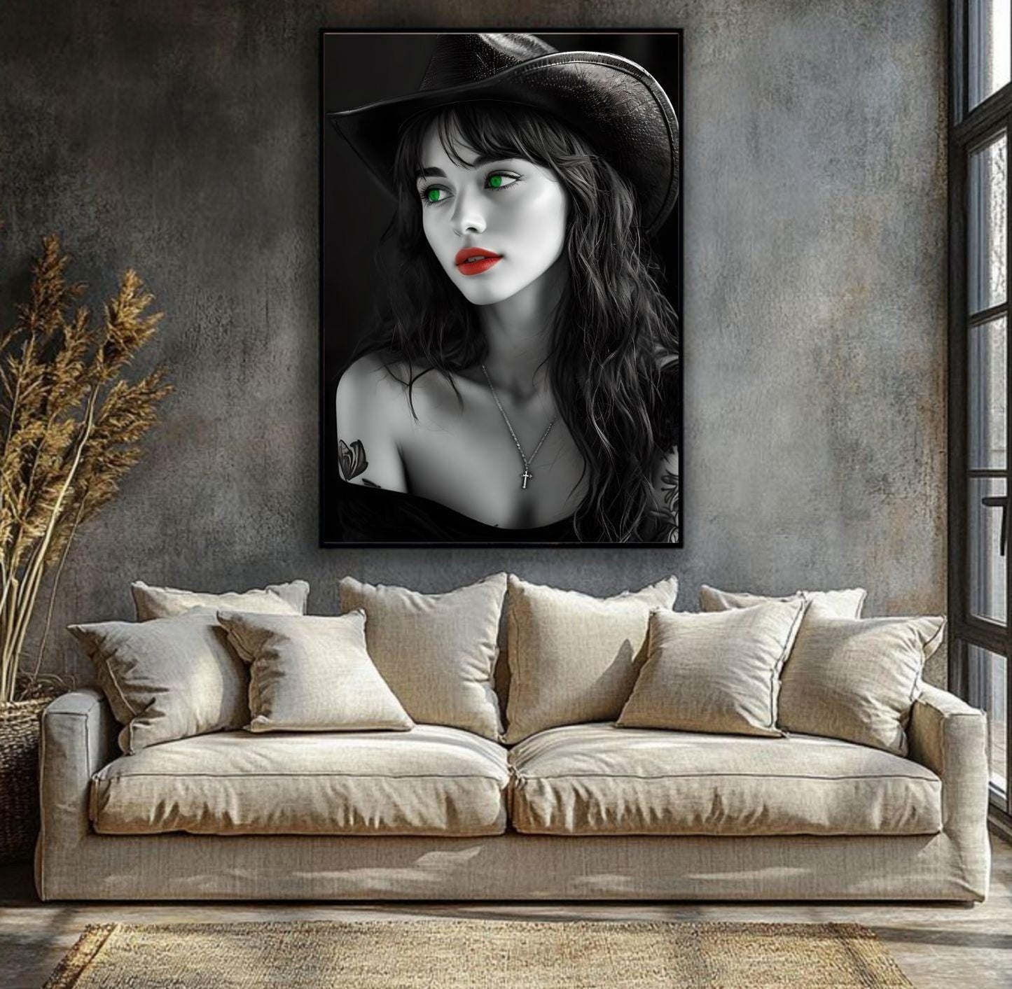 Striking Cowgirl Wall Art Print, Tattooed Beauty Red Lips Green Eyes