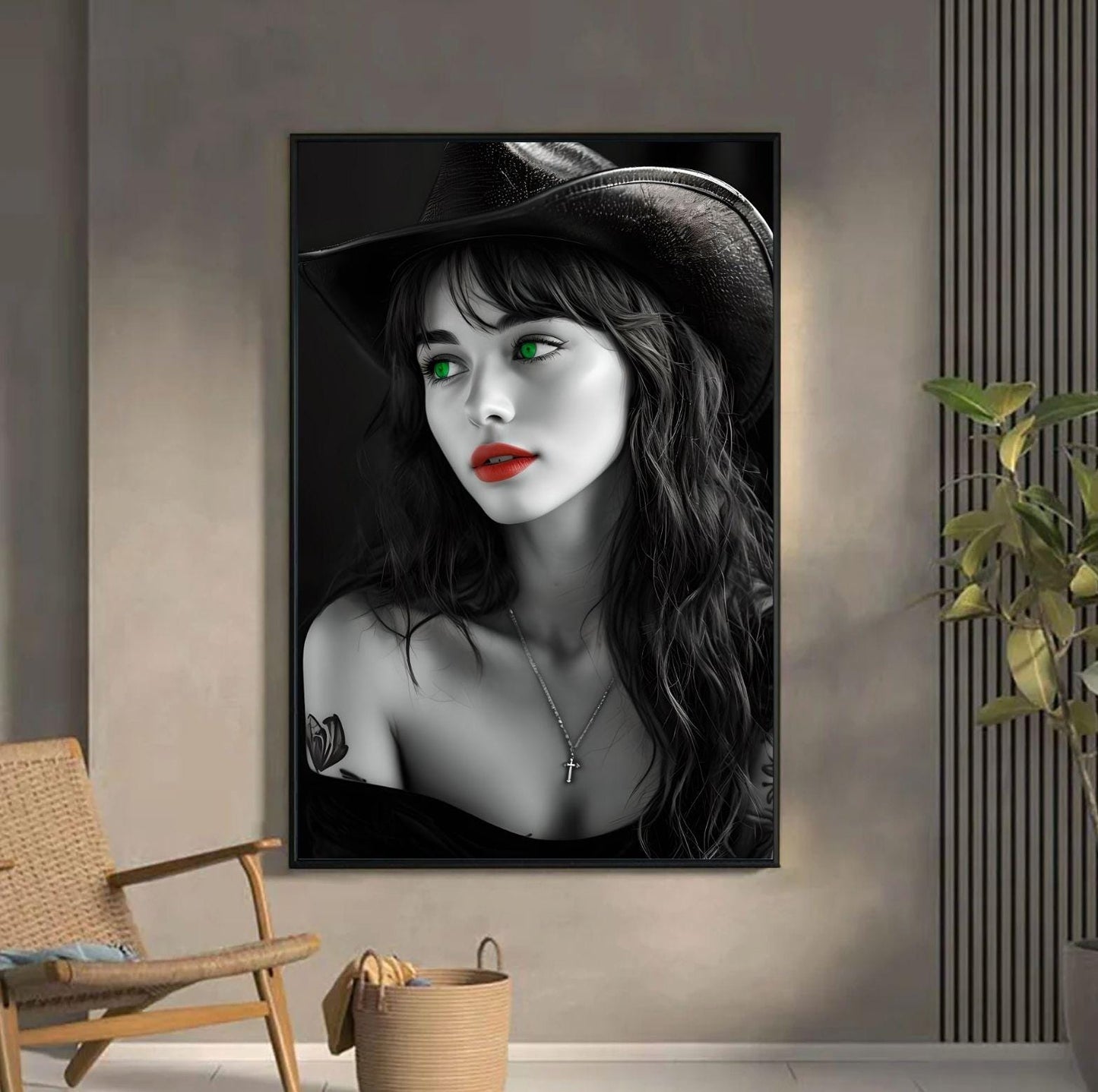 Striking Cowgirl Wall Art Print, Tattooed Beauty Red Lips Green Eyes