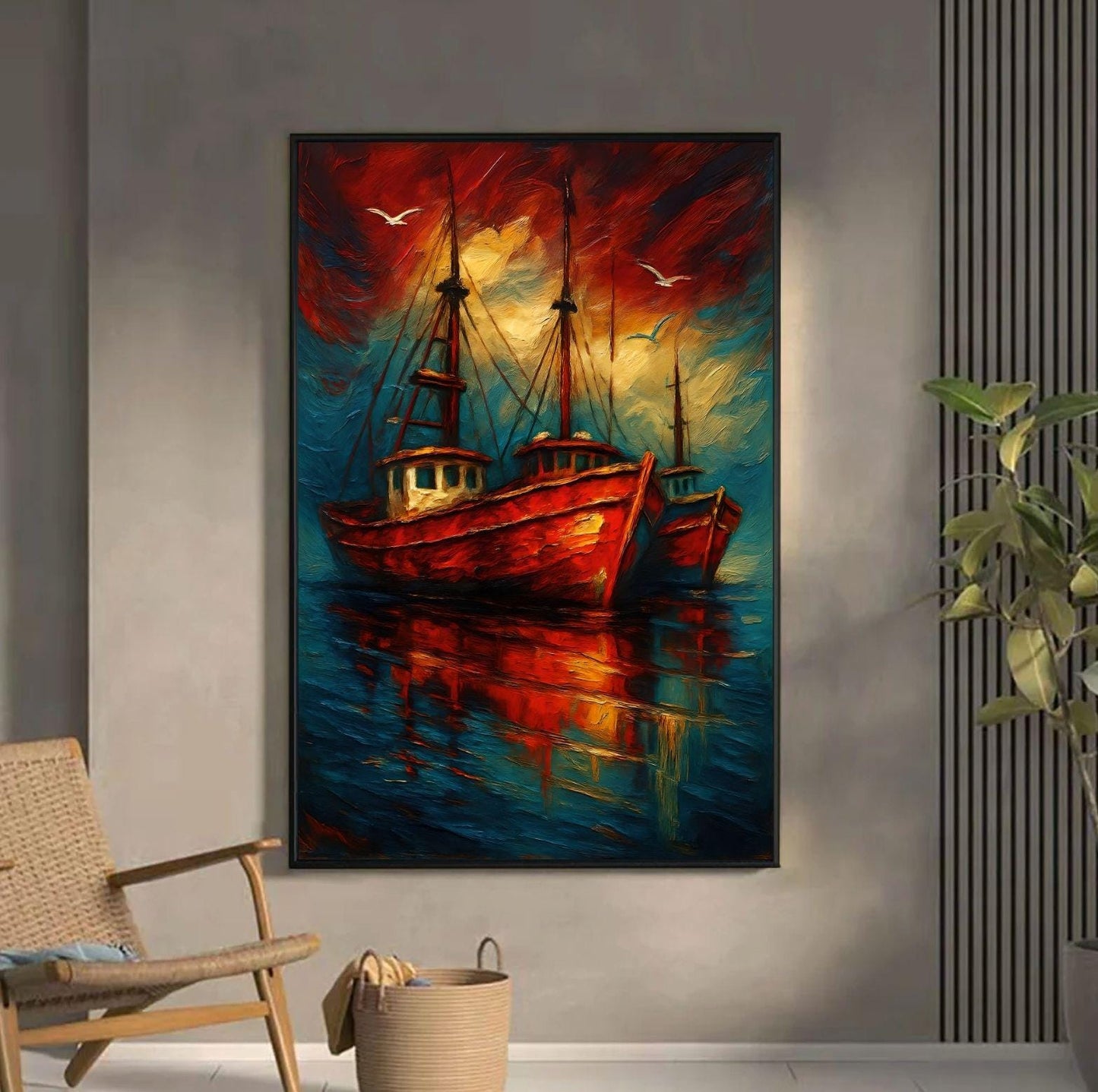Bold Fishing Boat Wall Art, Striking Nautical Poster, Abstract Coastal Decor