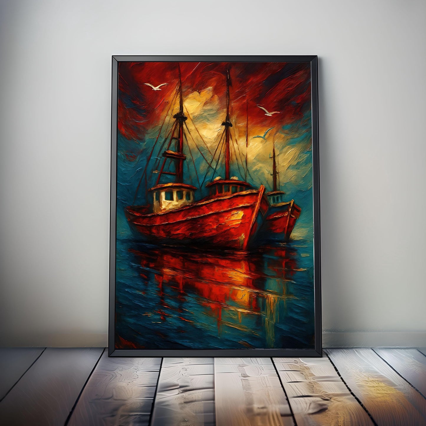 Bold Fishing Boat Wall Art, Striking Nautical Poster, Abstract Coastal Decor