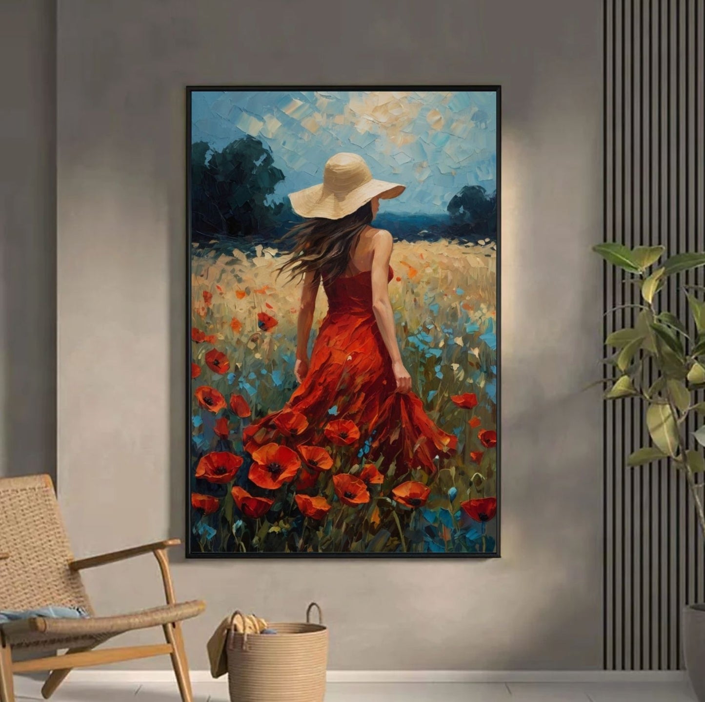 Women in Red Dress Meandering Through a Poppy Field Art Print