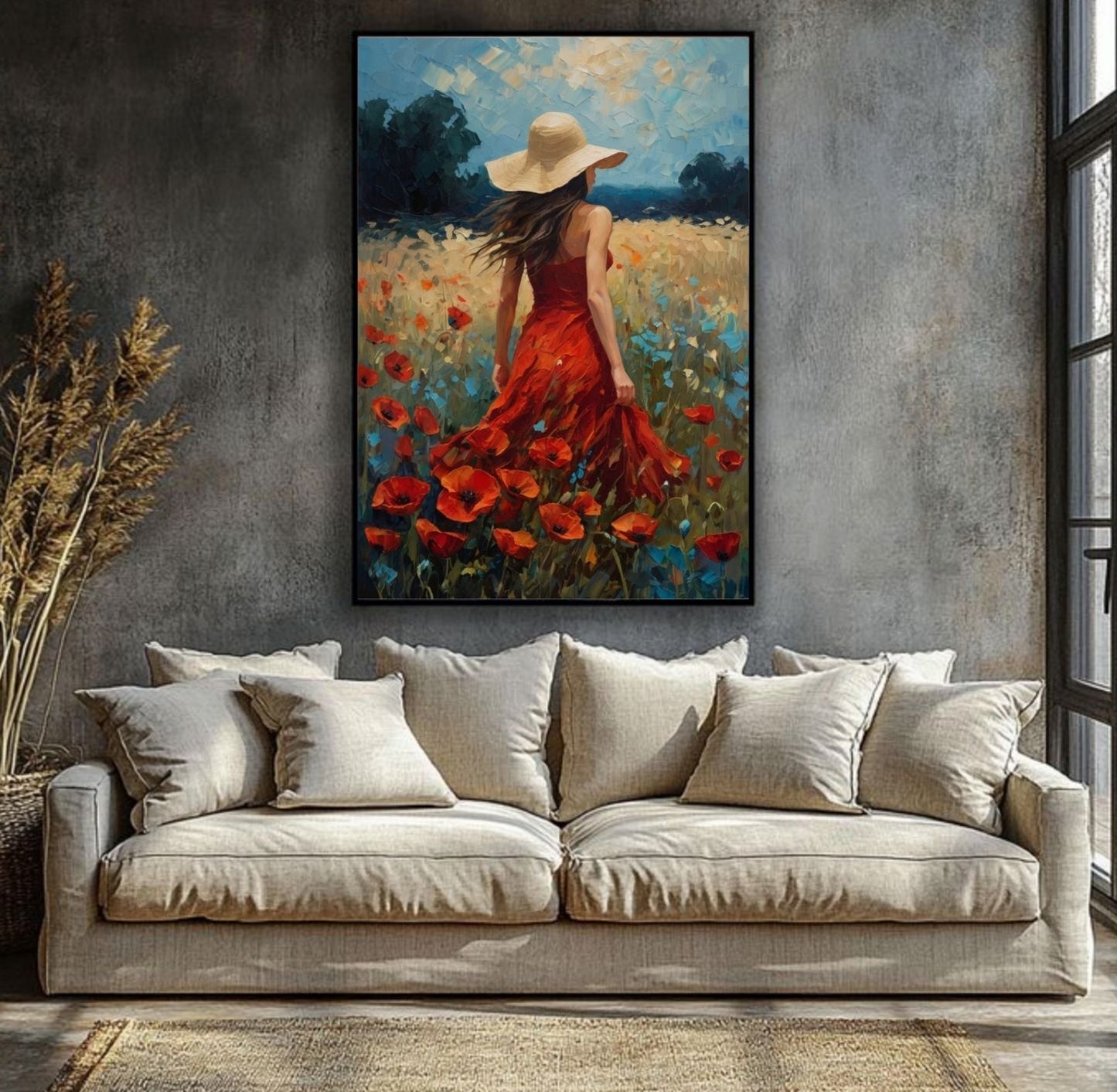 Women in Red Dress Meandering Through a Poppy Field Art Print