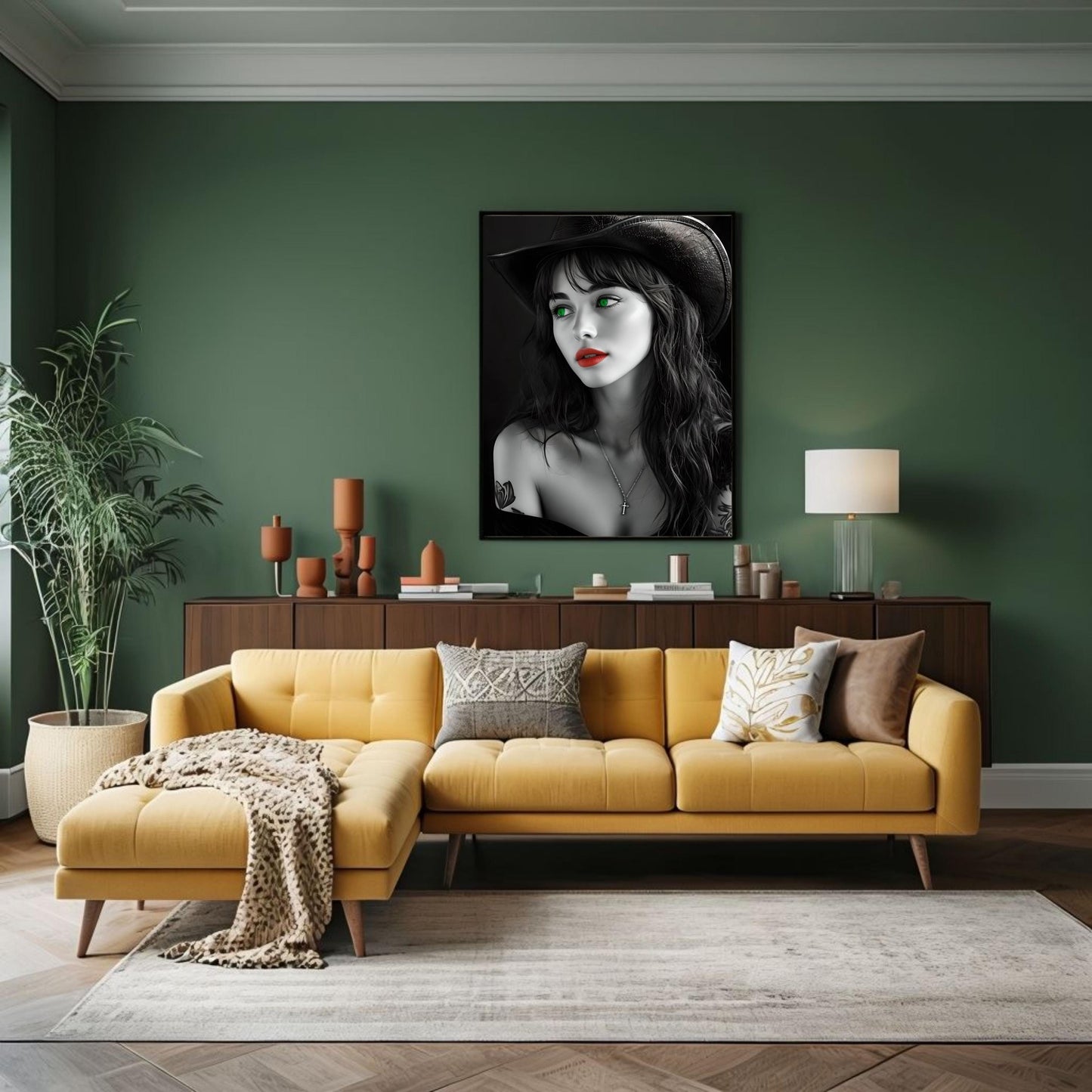 Striking Cowgirl Wall Art Print, Tattooed Beauty Red Lips Green Eyes