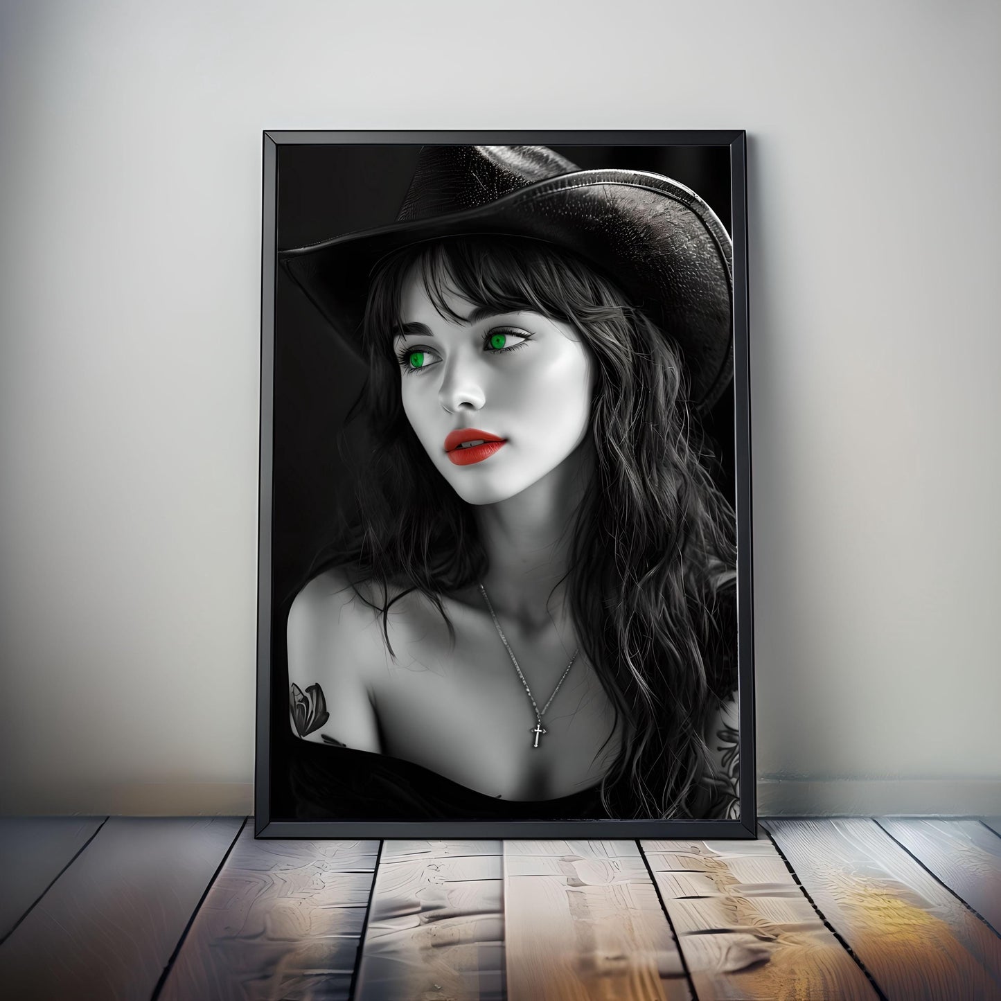 Striking Cowgirl Wall Art Print, Tattooed Beauty Red Lips Green Eyes